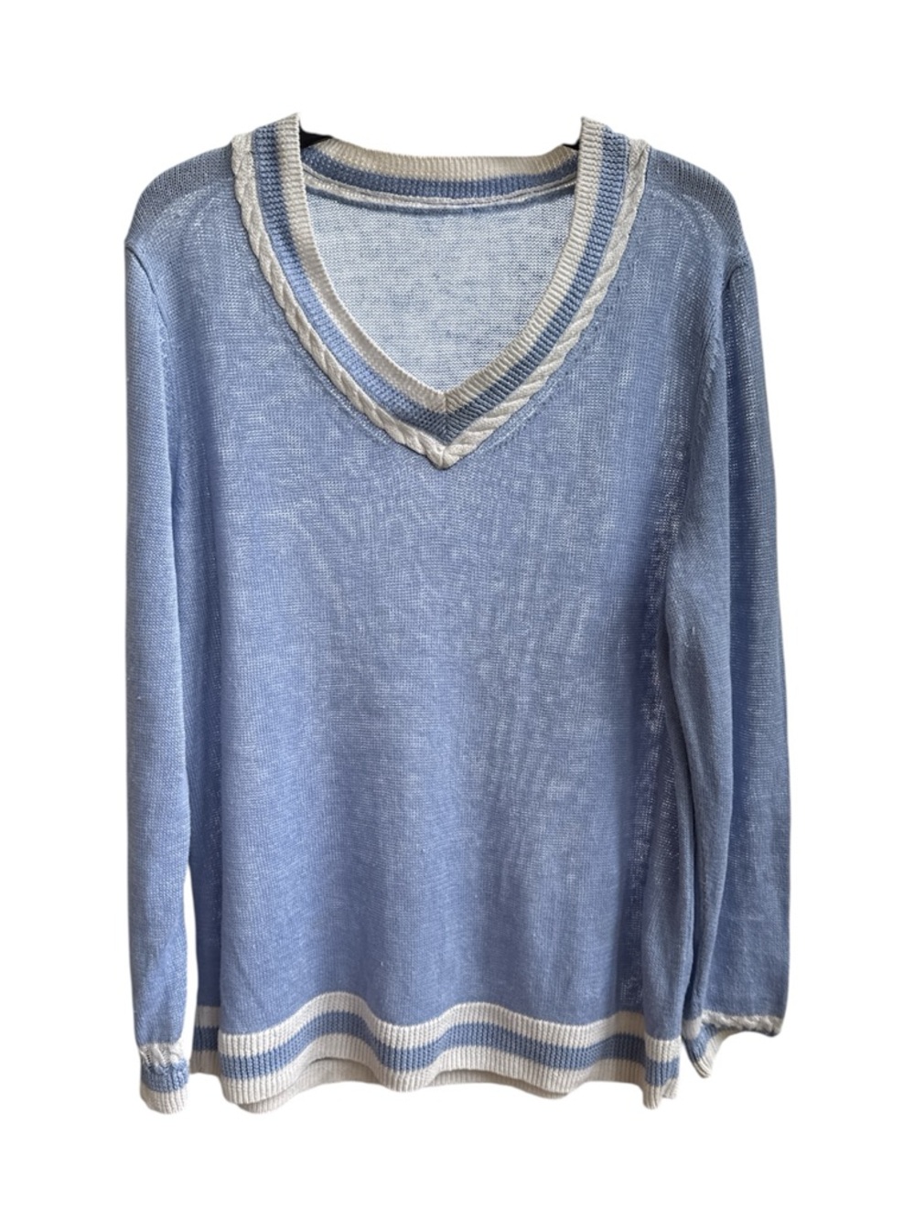 Talbots linen v-neck tipped sweater light blue size